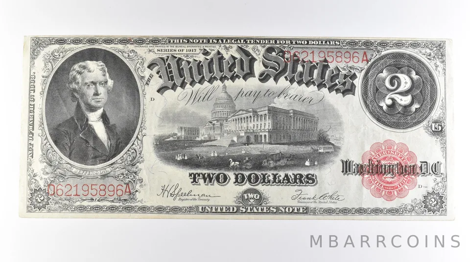 1917 $2 Legal Tender Large Note Reverse Stamp Red Seal FR#60 *0587