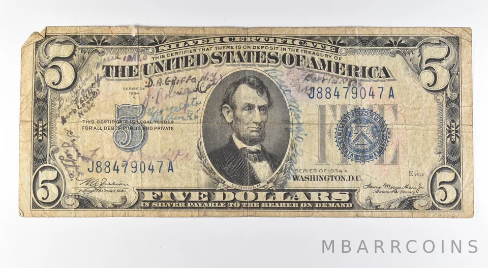 1934 A $5 Silver Certificate Blue Seal Short Snorter *9627