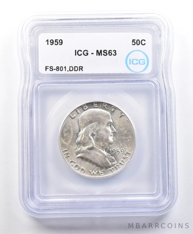 1959 Franklin Half Dollar Error FS-801 DDR MS63 ICG a3230