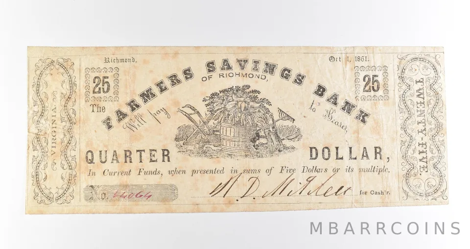 1861 25 Cents Richmond VA Farmers Savings Bank Obsolete Note *3908