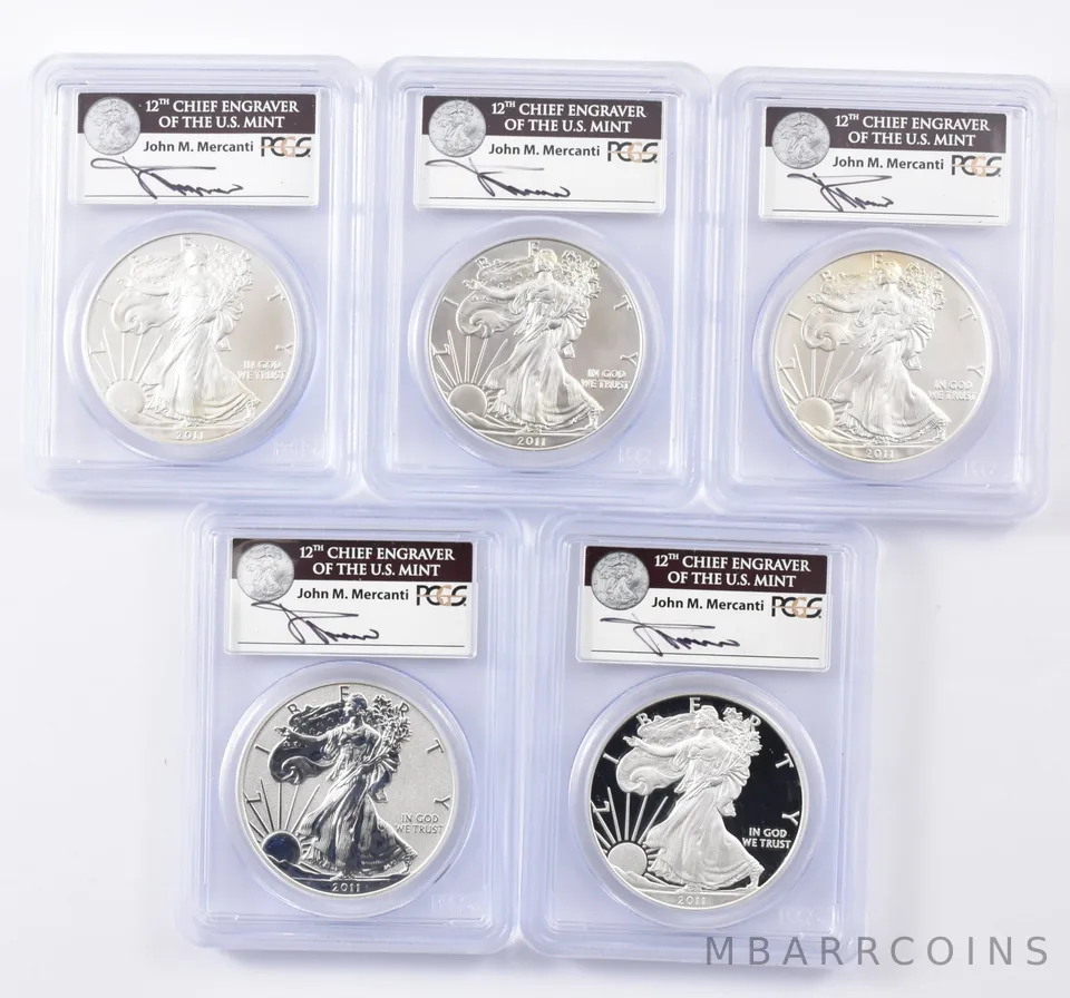(5) 2011-P/S/W Silver Eagle 25th Anniv FS Mercanti MS/PR69 Reverse PCGS *6895