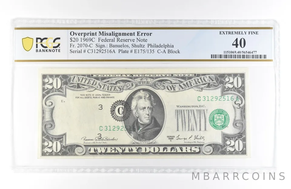 1969 C $20 40 PA FRN Overprint Misalignment Error Fr#2070-C PCGS *5821