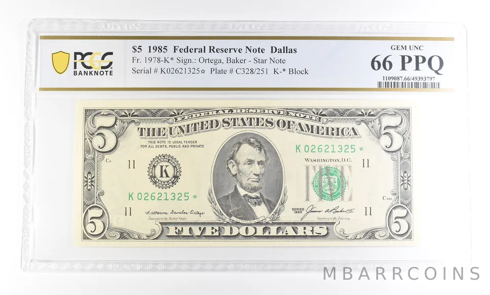 1985 $5 Dallas TX FRN Star Note Fr#1978-K* Gem Unc 66 PPQ PCGS a2919