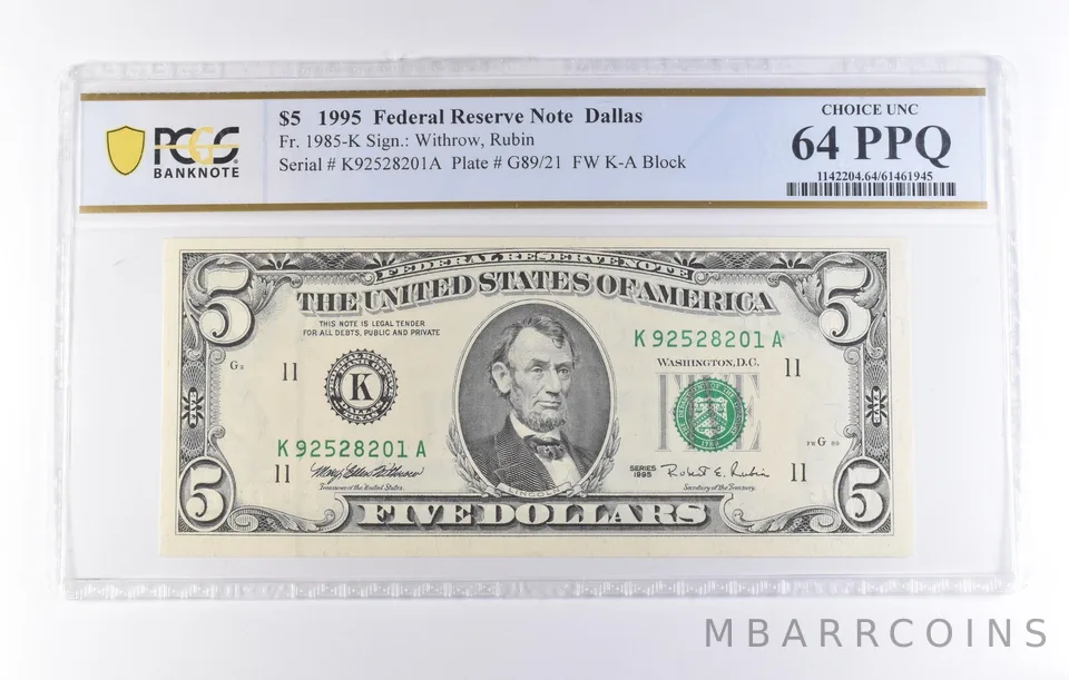 1995 $5 Dallas TX FRN Fr#1985-K Choice Unc 64 PPQ PCGS *8215