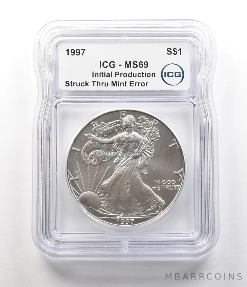 1997 American Silver Eagle Initial Production Error Struck Thru MS69 ICG a6834