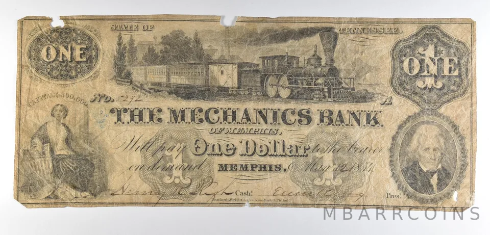 1854 $1 Memphis TN Mechanics Bank Obsolete Note *8648