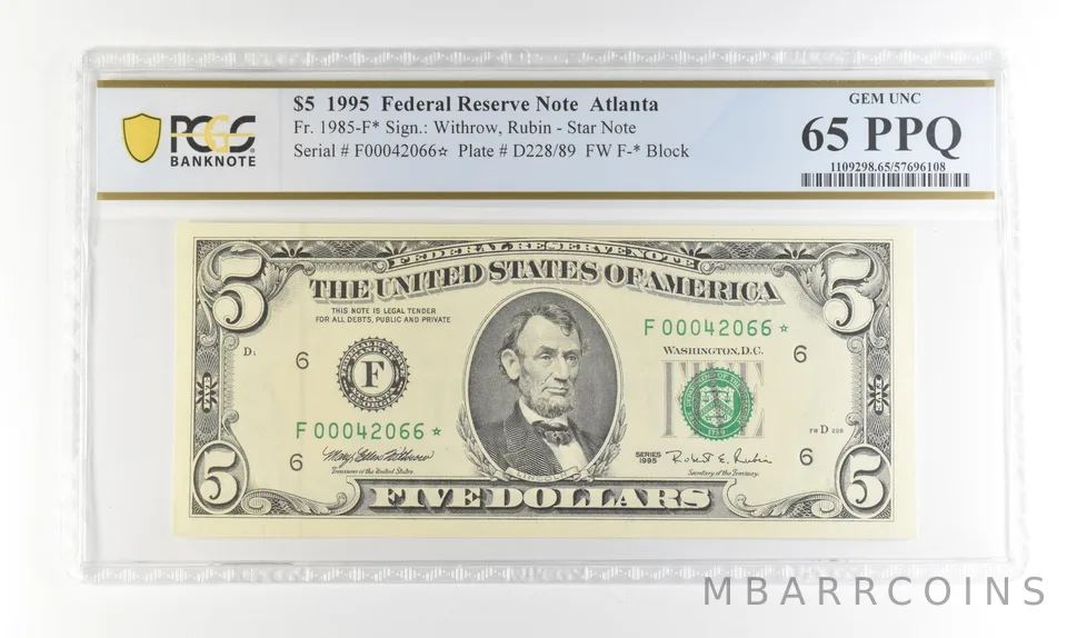 1995 $5 FRN Atlanta GA Fr#1985-F* Star Error Gem Unc 65 PPQ PCGS *4240