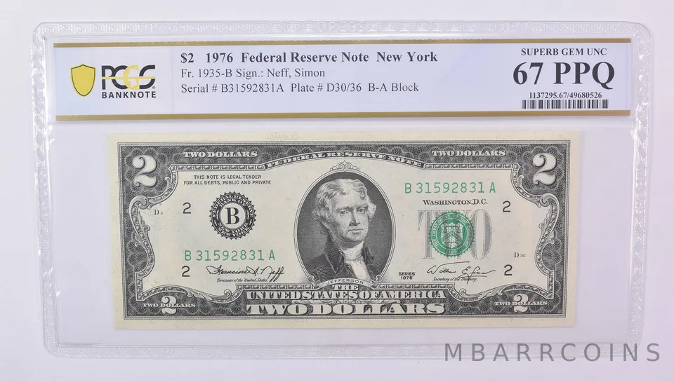 $2 1976 New York NY FRN Fr#1935-B Superb Gem Unc 67 PPQ PCGS