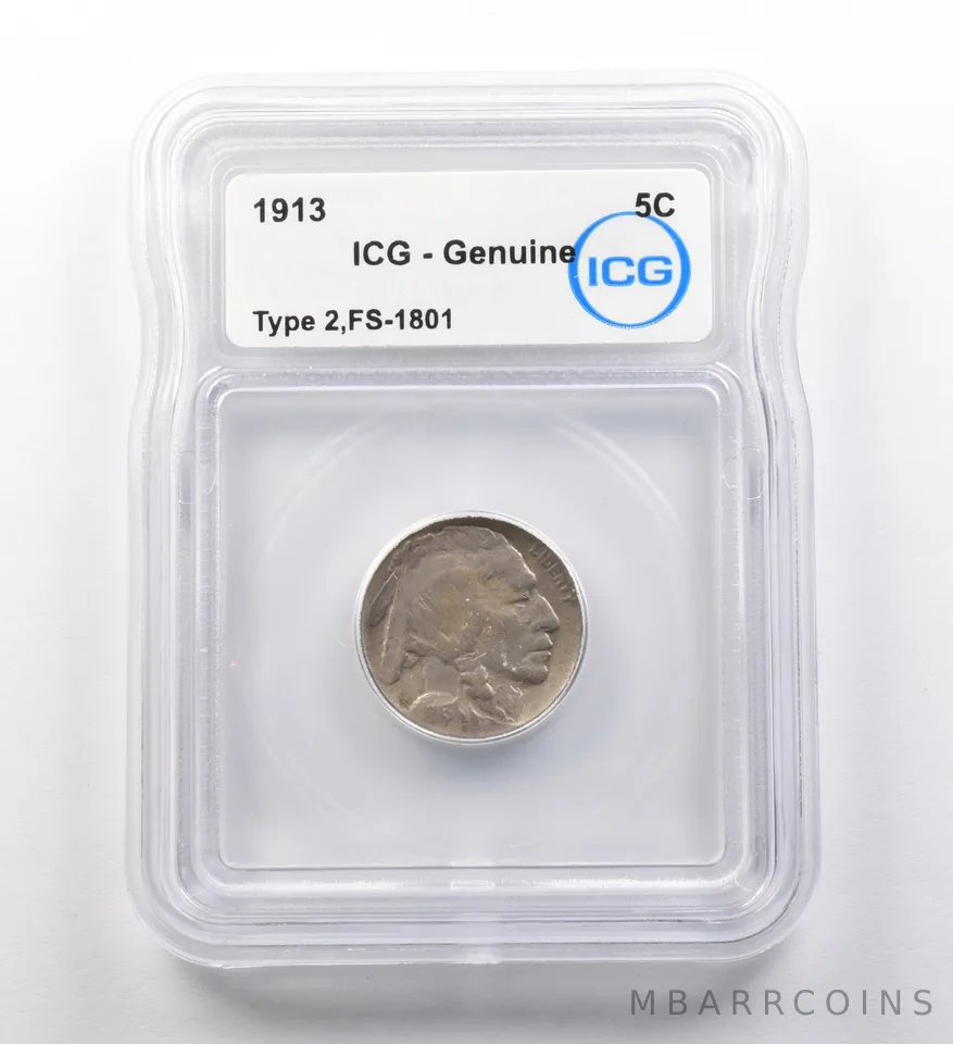 1913 Indian Head Buffalo Nickel Type 2 FS-1801 Genuine ICG ERROR *8205