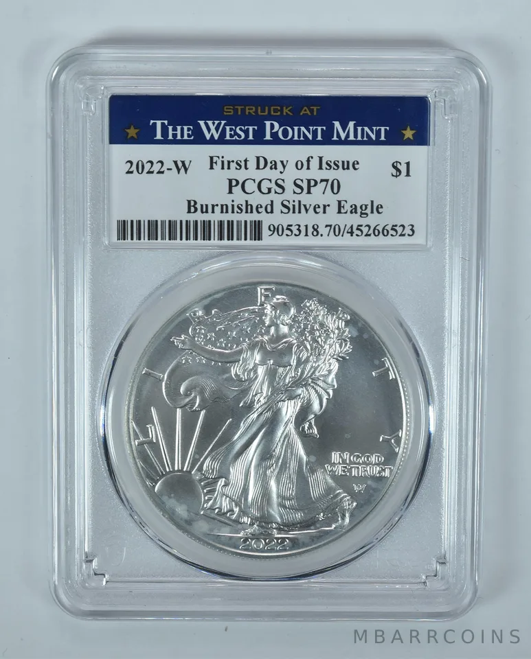 2022-W Burnished Silver Eagle FDOI SP70 PCGS WP Label