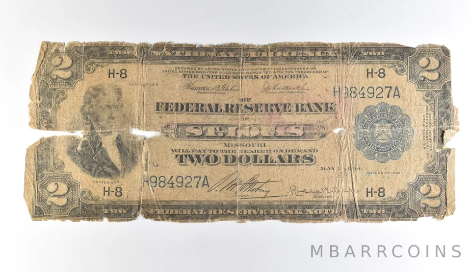 1918 $2 St Louis MO National Currency Large Note Blue Seal Battleship *1673