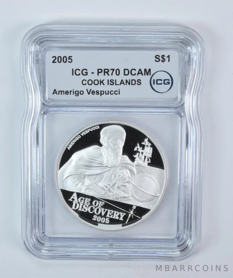 2005 Cook Islands 1 Dollar Silver Amerigo Vespucci PR70 DCAM ICG *5811