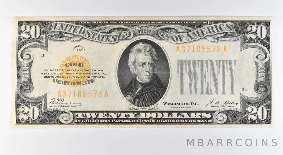 1928 $20 Gold Certificate Yellow Seal Fr#2402 *9583