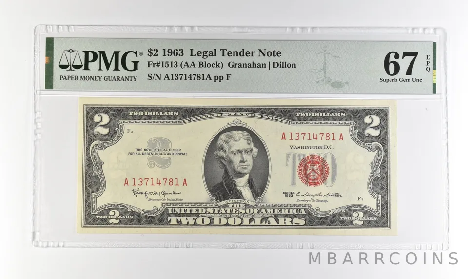 1963 $2 Legal Tender Red Seal Fr#1513 Superb Gem Unc 67 EPQ PMG a4524