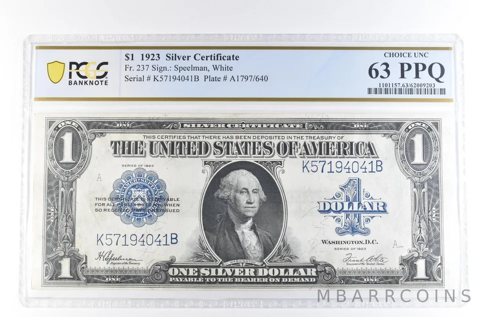 1923 $1 Silver Certificate Large Note Fr#237 Choice Unc 63 PPQ PCGS *2347