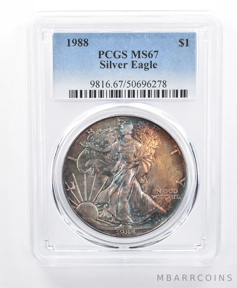 1988 American Silver Eagle MS67 PCGS Rainbow Tone *8673