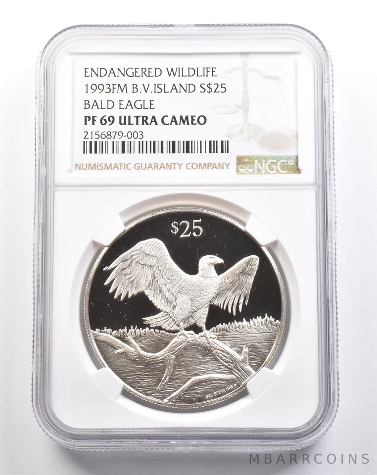 1993 FM British Virgin Islands 25 Dollars Silver Bald Eagle PF69 UCAM NGC *4941