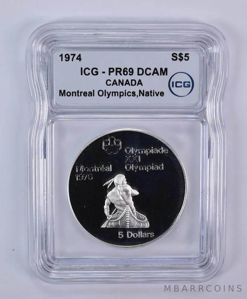 1974 Canada 5 Dollars Silver Montreal Olympics Native Canoe PR69 DCAM ICG