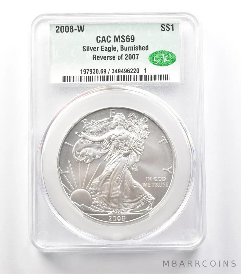 2008-W Reverse Of 2007 Burnished Silver Eagle MS69 CAC CACg a3684
