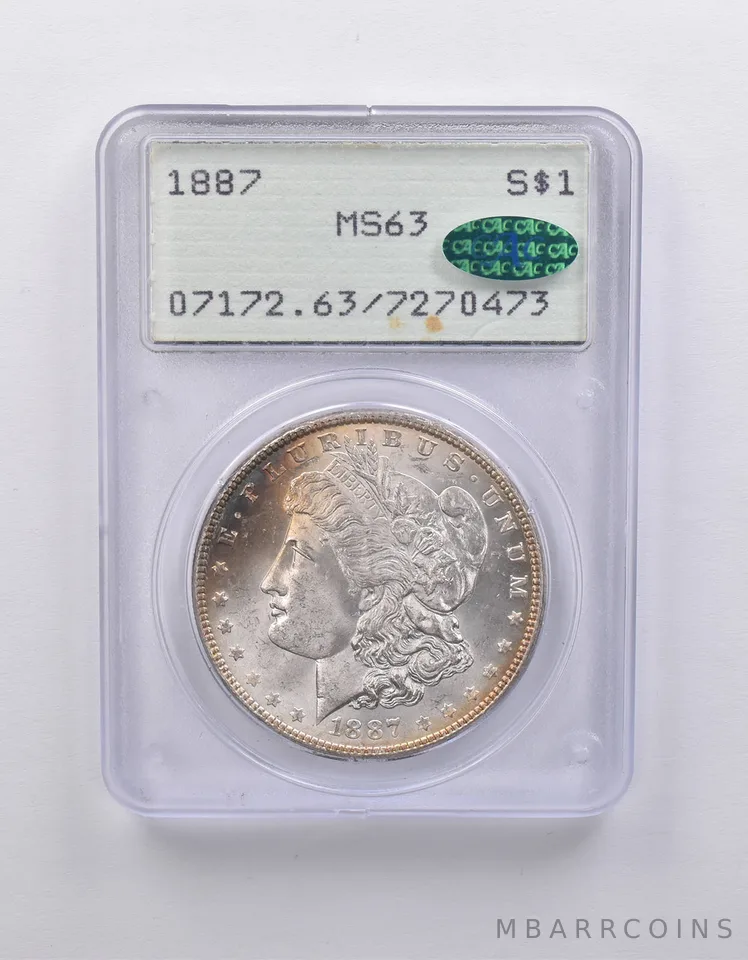 1887 Morgan Silver Dollar MS63 PCGS Rattler CAC Peripheral Tone *7119