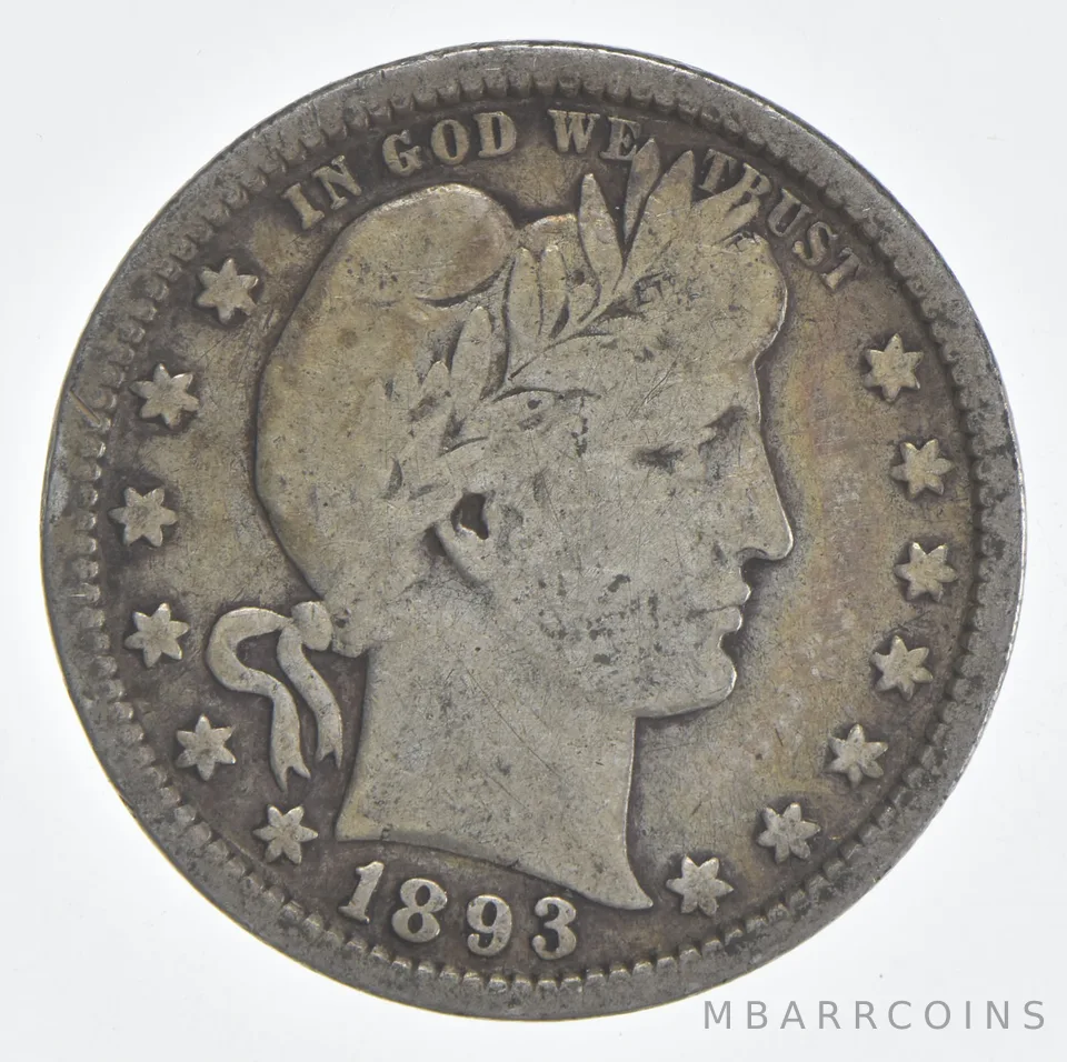 1893 (P) Barber Quarter 90% Silver VG Condition