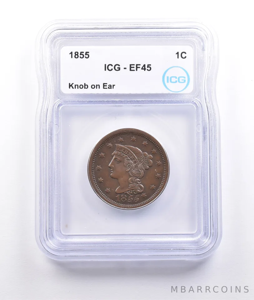 1855 Braided Hair Large Cent Knob On Ear EF45 ICG *6959