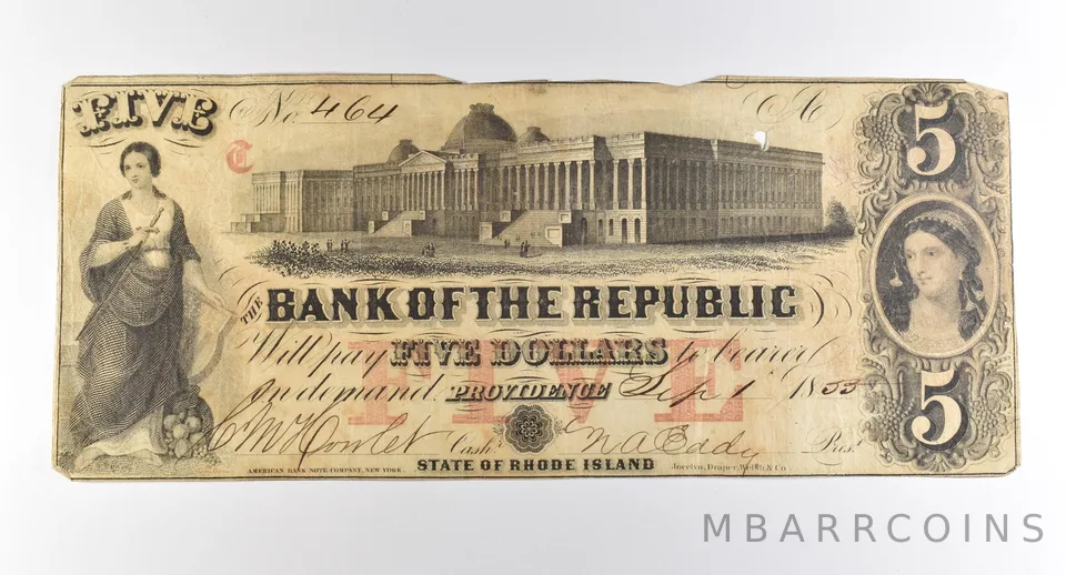 1855 $5 Providence RI Bank Of The Republic Obsolete Note *3779