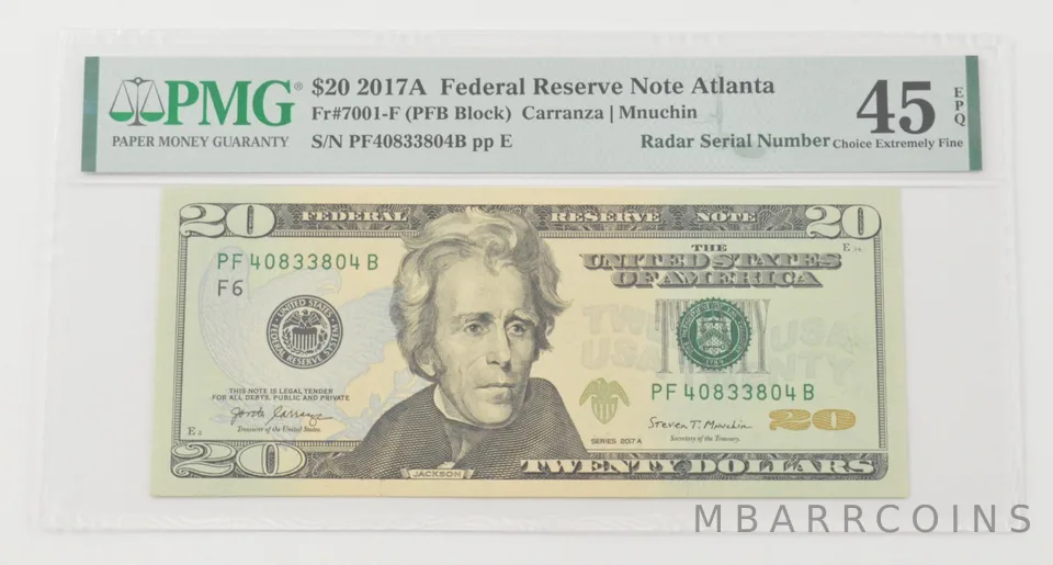 Choice EF45 EPQ 2017-A $20 FRN Atlanta FR#7001-F Radar Serial Number PMG *6597