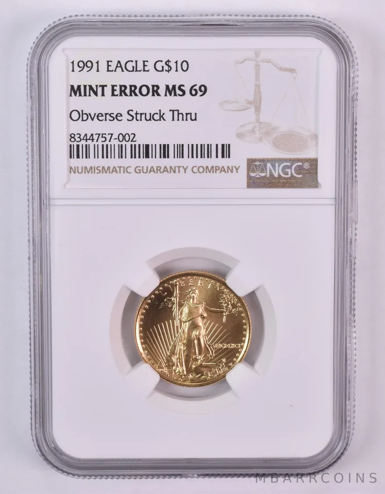 1991 $10 American Gold Eagle Mint Error Obv Struck Thru 1/4 Oz MS69 NGC *1002