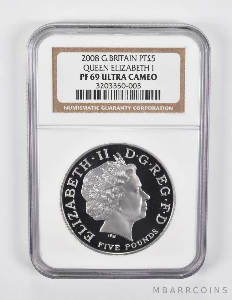 PF69 UCAM 2008 Great Britain 5 Pounds Platinum Queen Elizabeth I NGC *1918