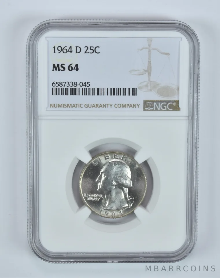 MS64 1964-D Washington Quarter NGC End of Roll Toner a4936