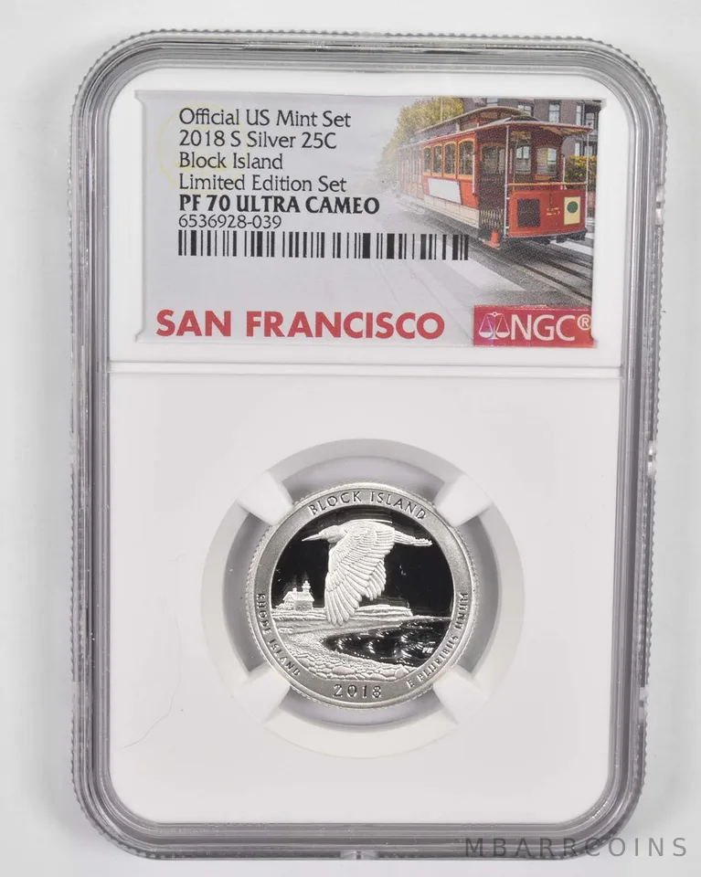 2018-S Silver PF70 Block Island Quarter NGC Limited Edition San Fran Lbl