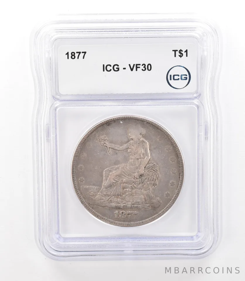 1877 Seated Liberty Trade Dollar VF30 ICG Nice Tone a3132