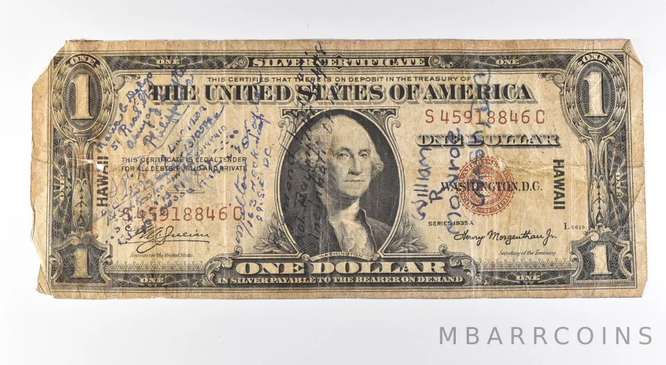 1935 A $1 Silver Certificate Hawaii Issue Brown Seal Short Snorter *9628