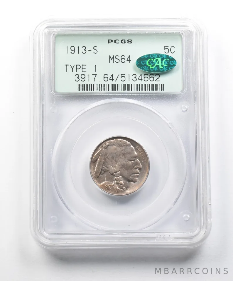 MS64 1913-S Indian Head Buffalo Nickel CAC PCGS OGH *1583
