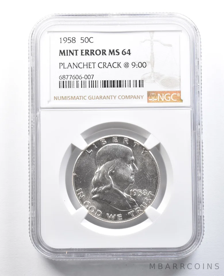 1958 Franklin Half Dollar Mint Error Planchet Crack @ 9:00 MS64 NGC *8210