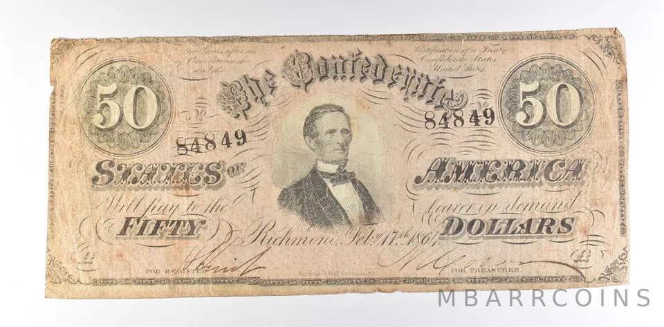 1864 $50 Confederate States Of America T-66 Large Note *8541