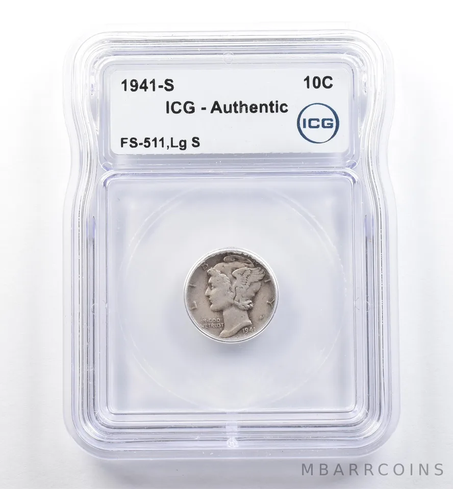 1941-S Mercury Dime FS-511 Lg S Authentic ICG *5984