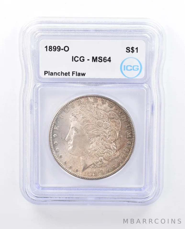 1899-O Morgan Silver $1 Mint Error Planchet Flaw MS64 ICG Beautiful Tone *4569