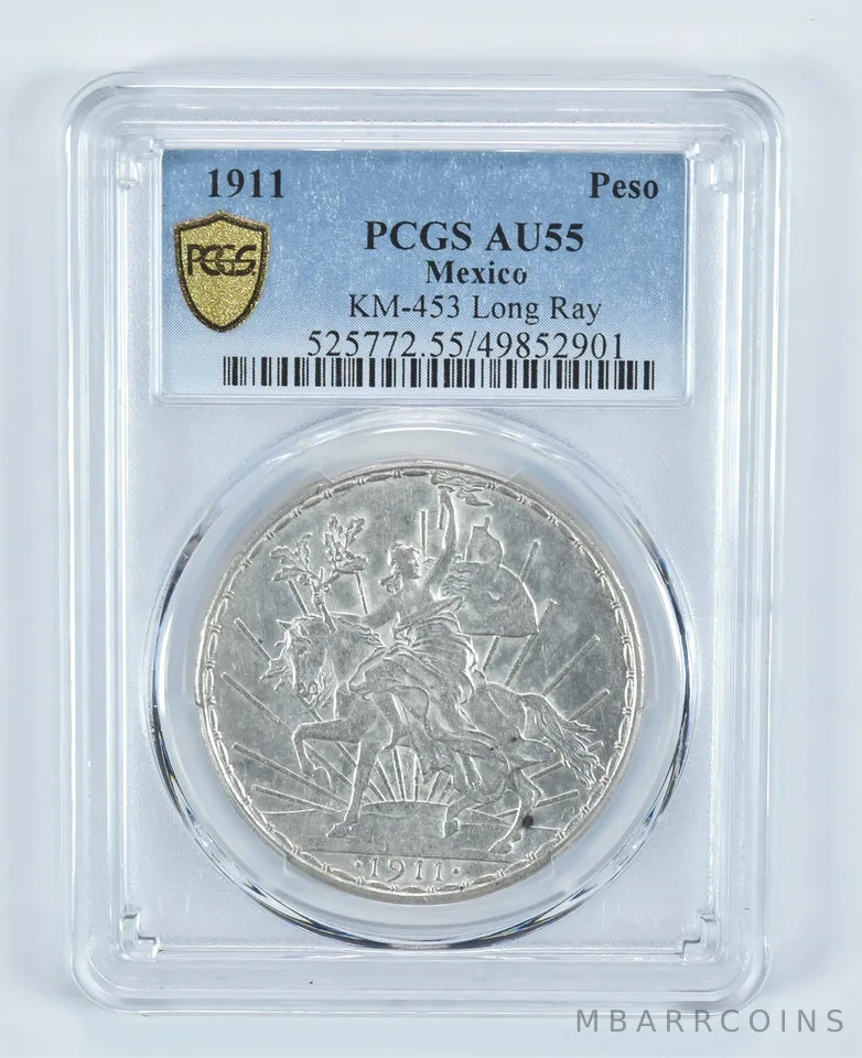 1911 Mexico Peso KM-453 Long Ray AU55 PCGS a9077