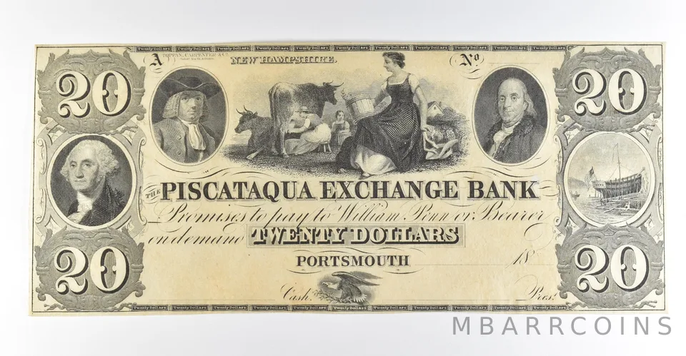 1800s $20 Portsmouth NH Piscataqua Exchange Bank Obsolete Note *8464