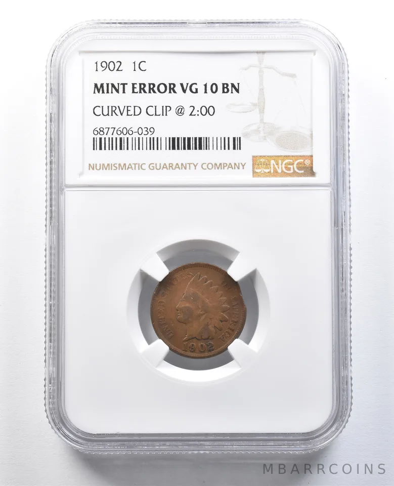 1902 Indian Head Cent Mint Error Curved Clip @ 2:00 VG10 BN NGC a8246