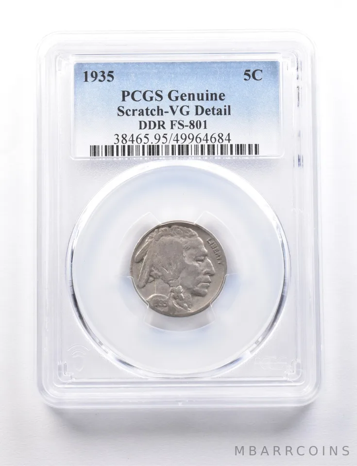 1935 Indian Head Buffalo Nickel DDR FS-801 Genuine Scratch VG Detail PCGS a7693
