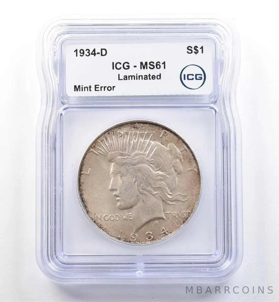 1934-D Peace Silver Dollar Mint Error Laminated MS61 ICG *6029