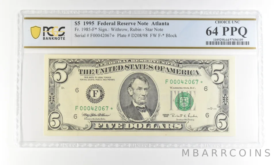 1995 $5 FRN Atlanta GA Fr#1985-F* Star Error Choice Unc 64 PPQ PCGS *4241