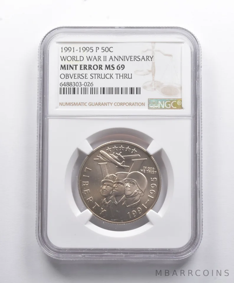 Error MS69 1991-1995-P WWII Commemorative Half Dollar OBV Struck Thru NGC *8775