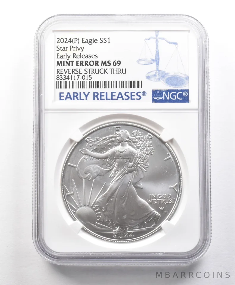 2024 (P) American Silver Eagle Star Privy Error Rev Struck Thru MS69 NGC a5666