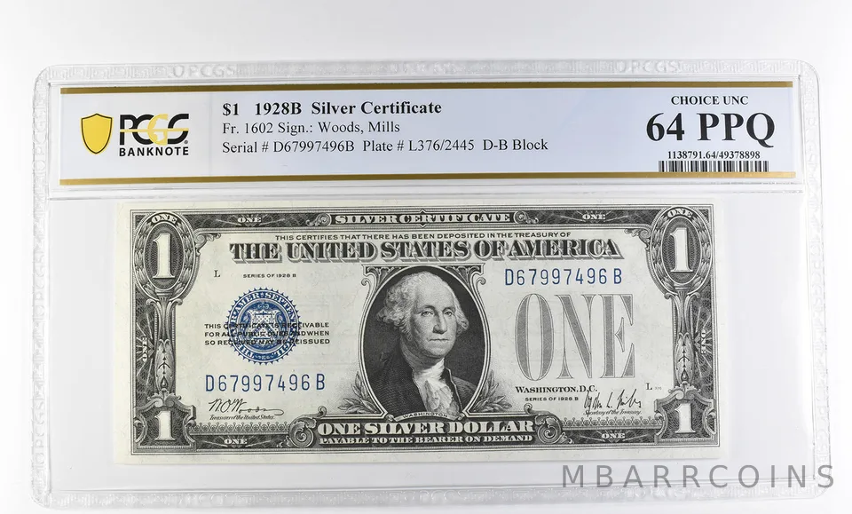 1928 B $1 Silver Certificate Fr#1602 Choice Unc 64 PPQ PCGS a2543