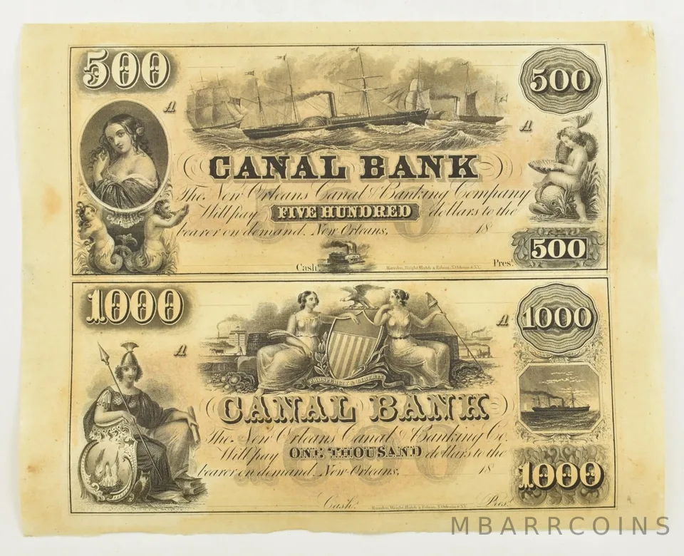 Uncut Sheet 1800's $500, $1000 Canal Bank New Orleans Notes a4129