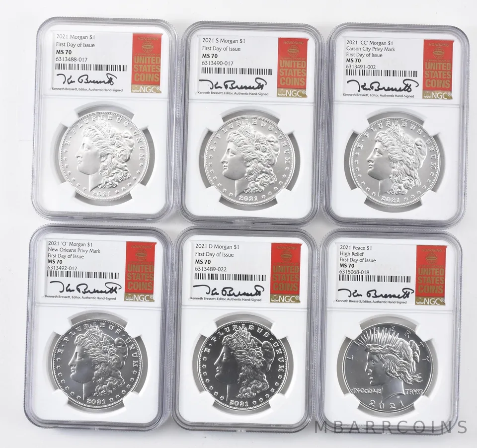 (6) 2021/D/S/'CC'/'O' Morgan/Peace Silver Dollar Kenneth Bressett MS70 NGC a3875